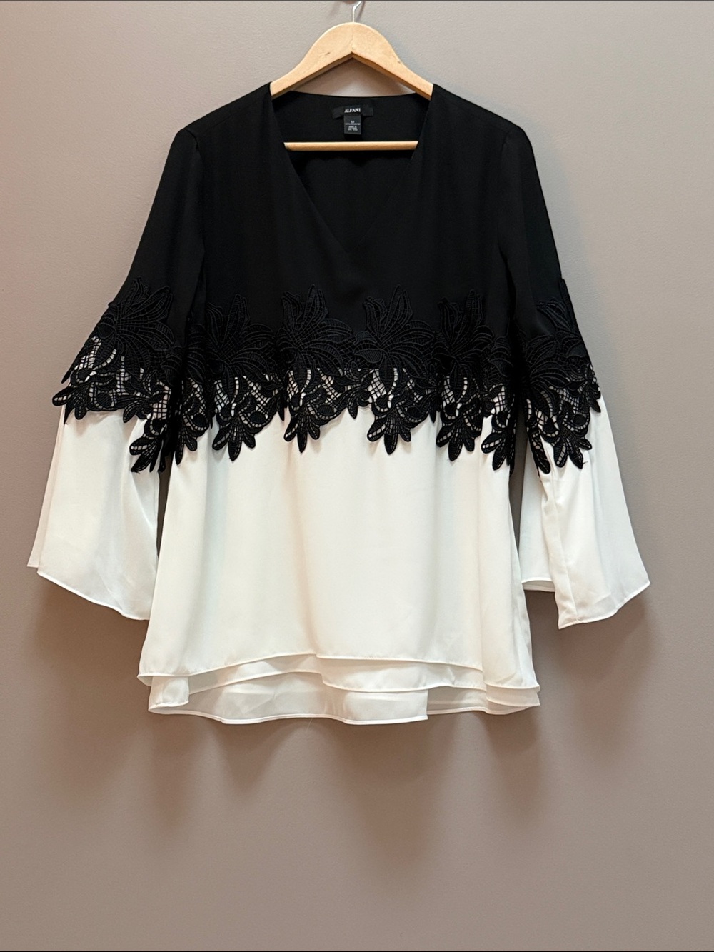 Alfani Black & White Lace-Trim V-Neck Tunic